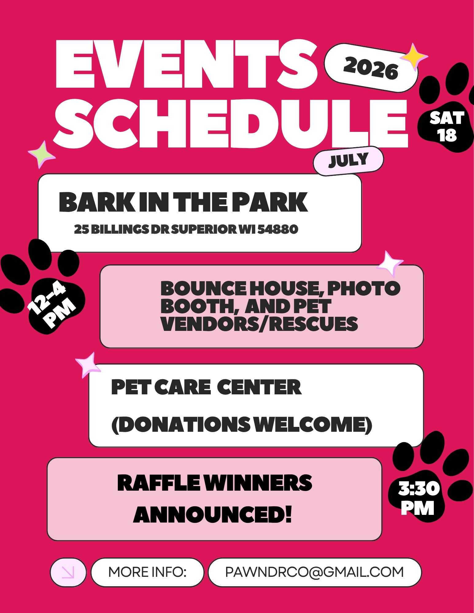 Bark in the Park 2026 events schedule flyer